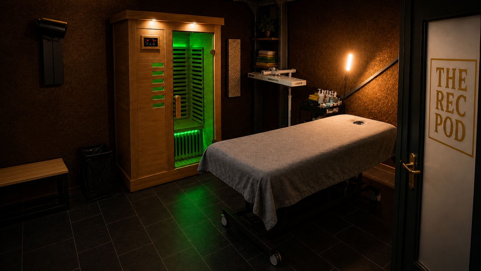The Rec Pod recovery suite — infrared sauna and massage table